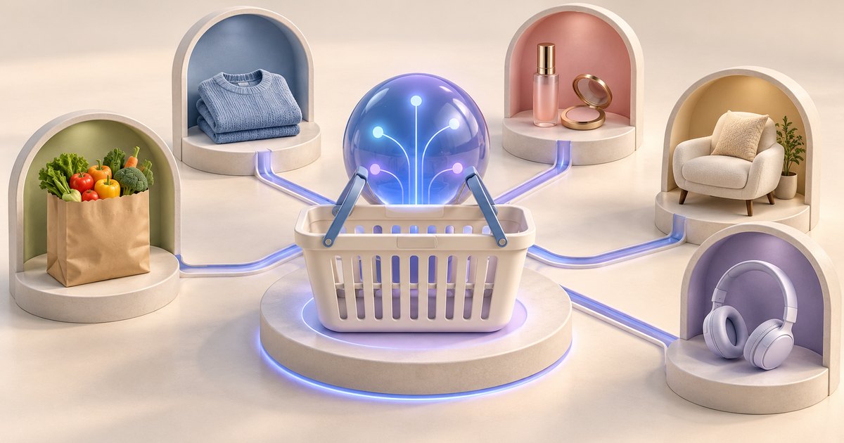 Editorial illustration: A shopping basket sits before a glowing blue orb, with illuminated paths connecting it to arched displays containing groceries, folded sweaters, cosmetics, an armchair and headphones.