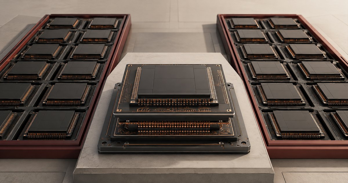Editorial illustration: A stack of dark semiconductor packages with copper-colored contacts sits on a pale pedestal between two trays containing rows of chips.