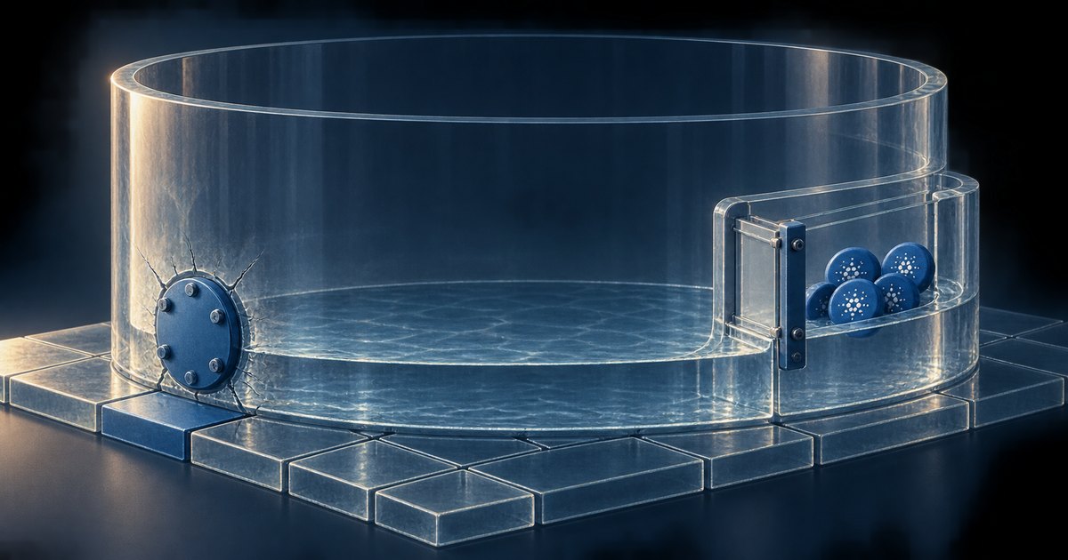 Editorial illustration: A transparent cylindrical tank holds shallow water, with a blue metal patch bolted over cracks in its wall. Blue Cardano-marked tokens sit behind a barrier in a narrow side compartment.