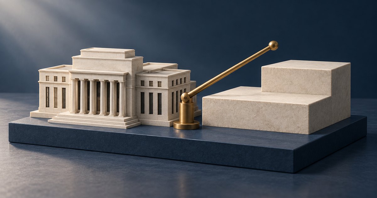 Editorial illustration: A pale stone bank building stands beside an upward-angled brass lever and two ascending stone steps on a dark blue platform.