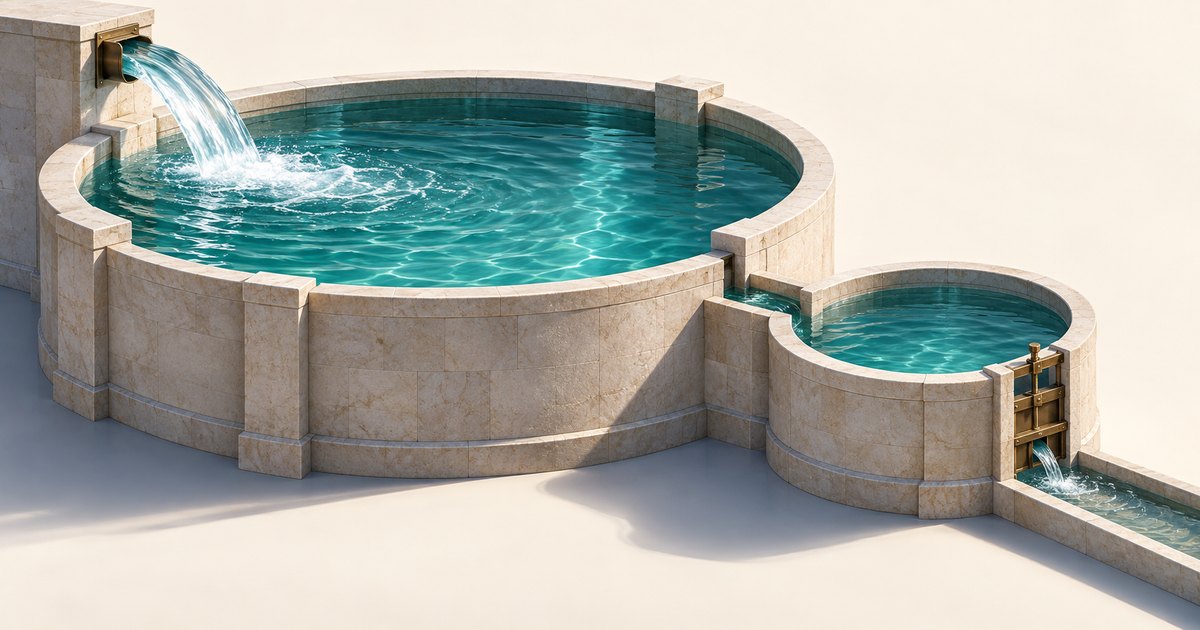 Editorial illustration: Water pours into a large circular stone reservoir connected to a smaller basin, where a brass gate allows a narrow stream into an outlet channel.