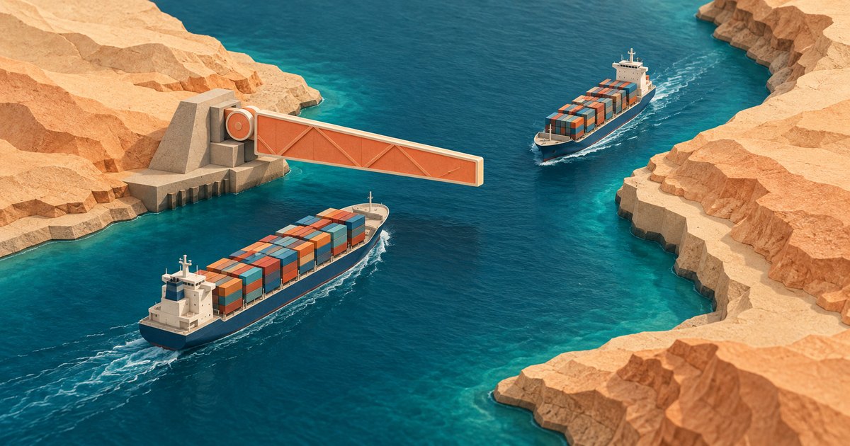 Editorial illustration: Two container ships travel through turquoise water between rocky desert shores, with a large orange barrier extending partway across the passage.