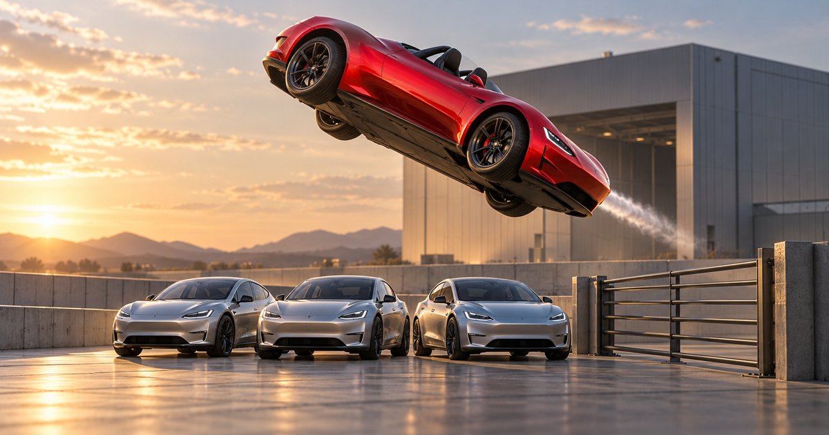 Editorial illustration: A red convertible roadster pitches nose-down above three silver cars, trailing a white plume beside an industrial hangar at sunset.