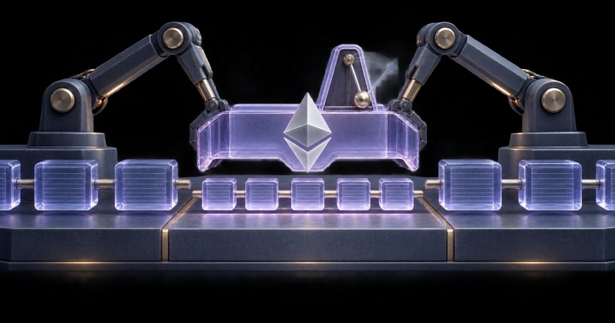 Editorial illustration: Two robotic arms flank a translucent purple mechanism bearing the Ethereum symbol, with a swinging metronome above and smaller purple blocks arranged along a conveyor below.