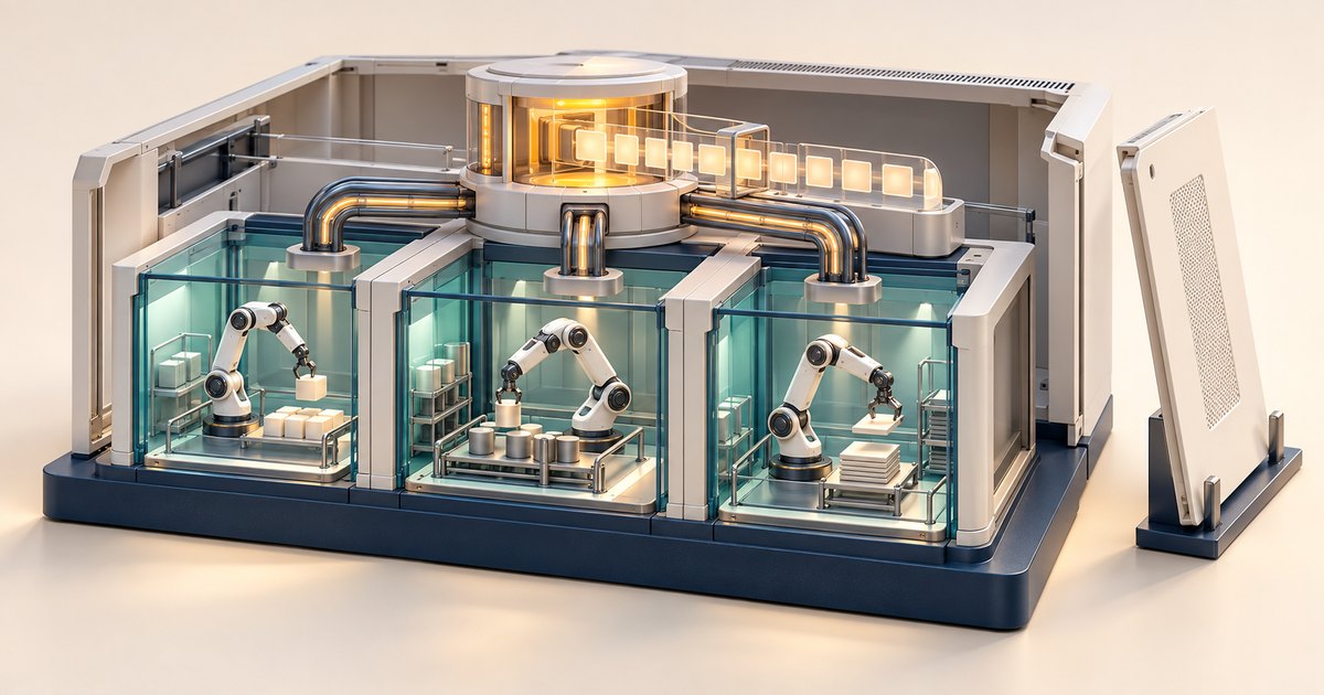 Editorial illustration: Three robotic arms handle small objects inside separate glass compartments connected by metal conduits to a glowing central hub, with a detached enclosure panel standing beside them.