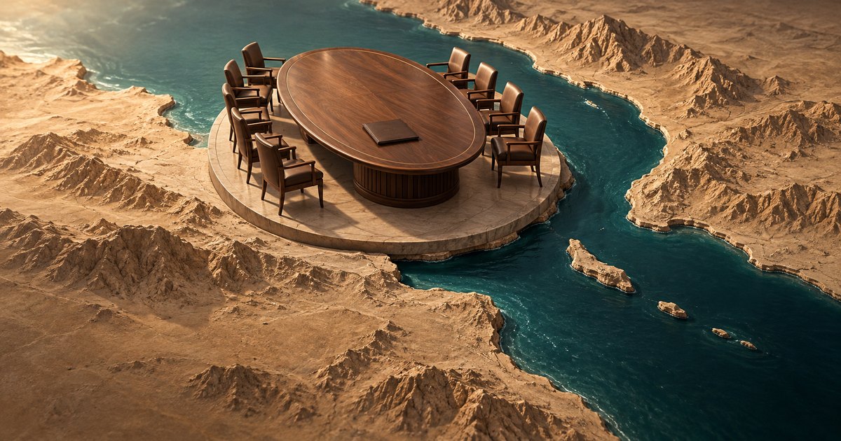 Editorial illustration: An oval wooden conference table with empty chairs and a closed folder sits on a circular platform amid sandy mountains beside a narrow teal waterway.