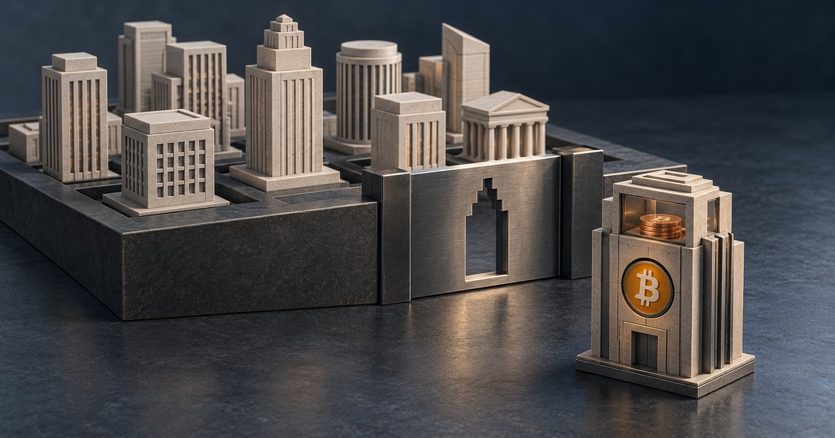 Editorial illustration: A stone tower bearing a Bitcoin symbol stands apart from a walled cluster of office buildings behind a metal gate.