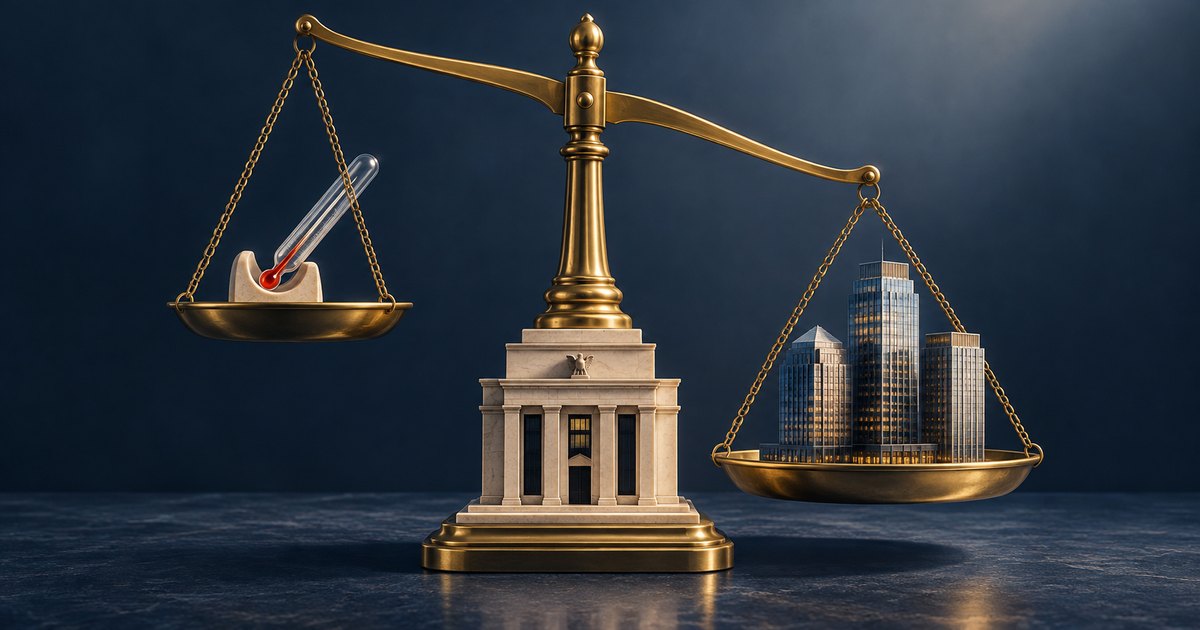 Editorial illustration: A gold balance scale stands on a classical bank building. Financial towers weigh down the right pan, while a glass thermometer rests in the raised left pan against a dark blue background.