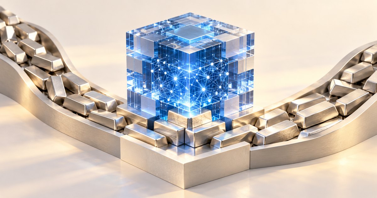 Editorial illustration: A transparent blue cube containing glowing interconnected nodes stands amid metallic bullion bars in curved channels on a cream background.