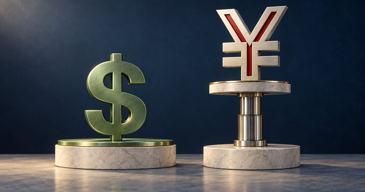 Editorial illustration: A green metallic dollar symbol on a low marble pedestal beside a cream and red yen symbol elevated on a telescoping metal column against a dark blue background.
