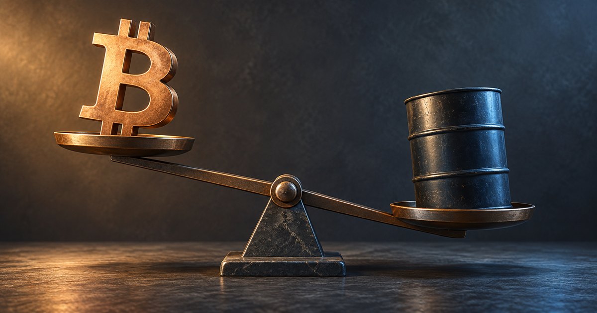 Editorial illustration: A golden Bitcoin symbol rests on the raised left pan of a balance, while a dark oil barrel sits on the lowered right pan against a warm-to-cool background.