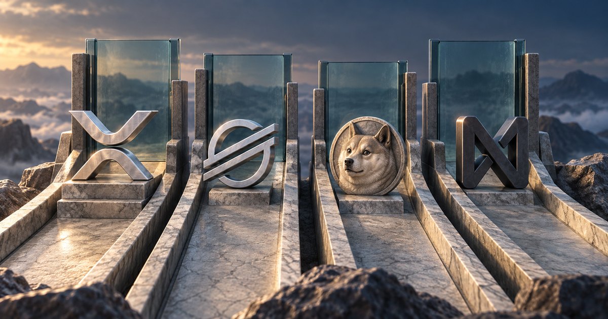 Editorial illustration: Metallic XRP, Stellar, Dogecoin and NEAR symbols stand on parallel stone platforms backed by glass panels, with rugged mountains and a partly sunlit sky behind them.