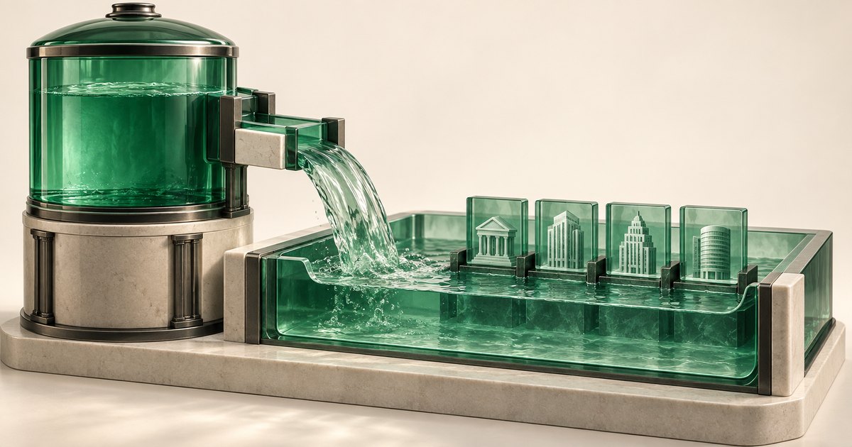 Editorial illustration: A green glass reservoir pours water into a rectangular basin holding four upright glass tiles with building reliefs, all mounted on a pale stone base.