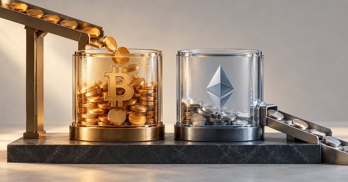 Editorial illustration: Gold coins enter a glass vessel bearing the Bitcoin symbol, while silver coins exit a second vessel bearing the Ethereum symbol along a descending chute.