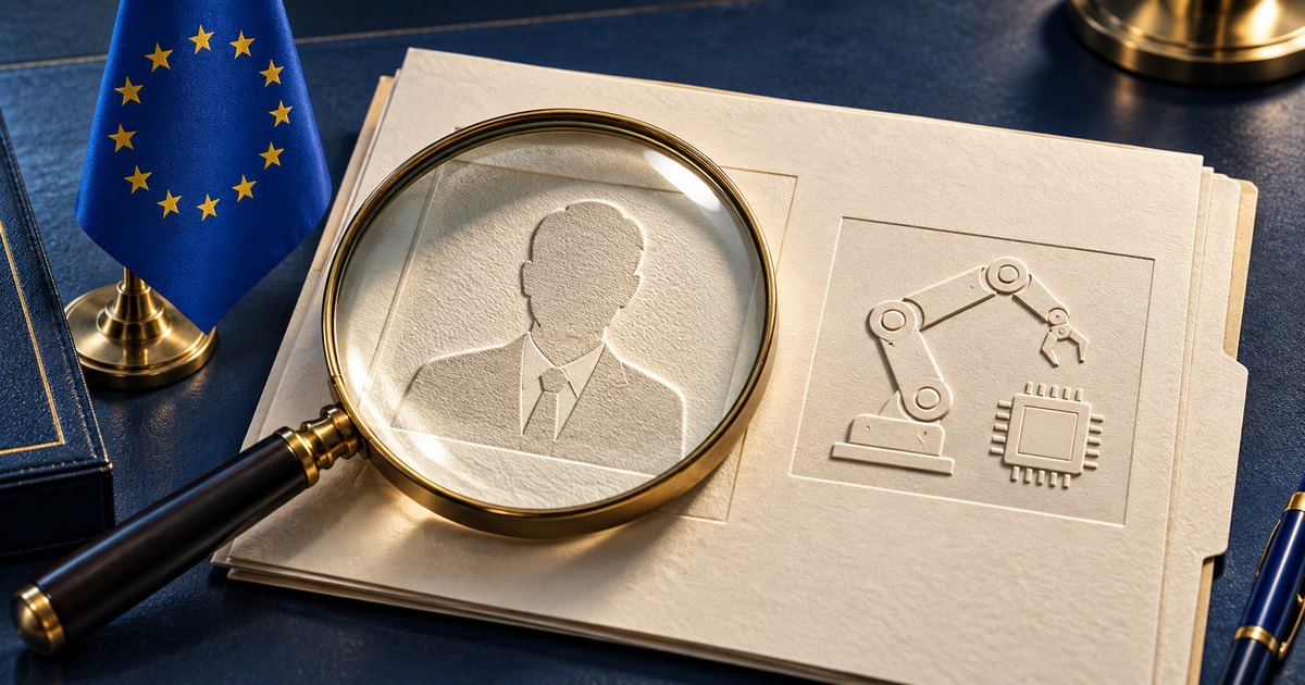 Editorial illustration: A brass magnifying glass enlarges an embossed executive silhouette on cream folders beside robotic arm and microchip symbols. An EU flag stands on the dark blue desk.