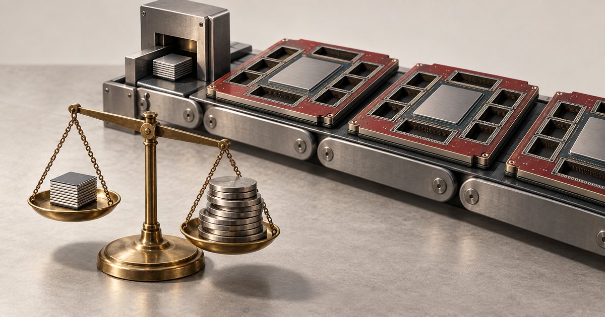 Editorial illustration: Large processor boards with empty surrounding sockets travel along a conveyor. In front, a brass balance holds stacked square chips opposite a lower pan loaded with round metal discs.