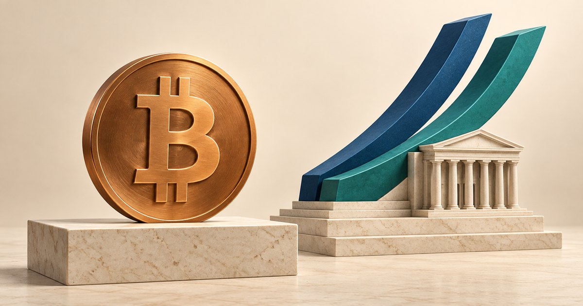 Editorial illustration: A large bronze Bitcoin coin stands on a stone plinth beside a small classical bank building, with blue and teal bands curving upward behind it.