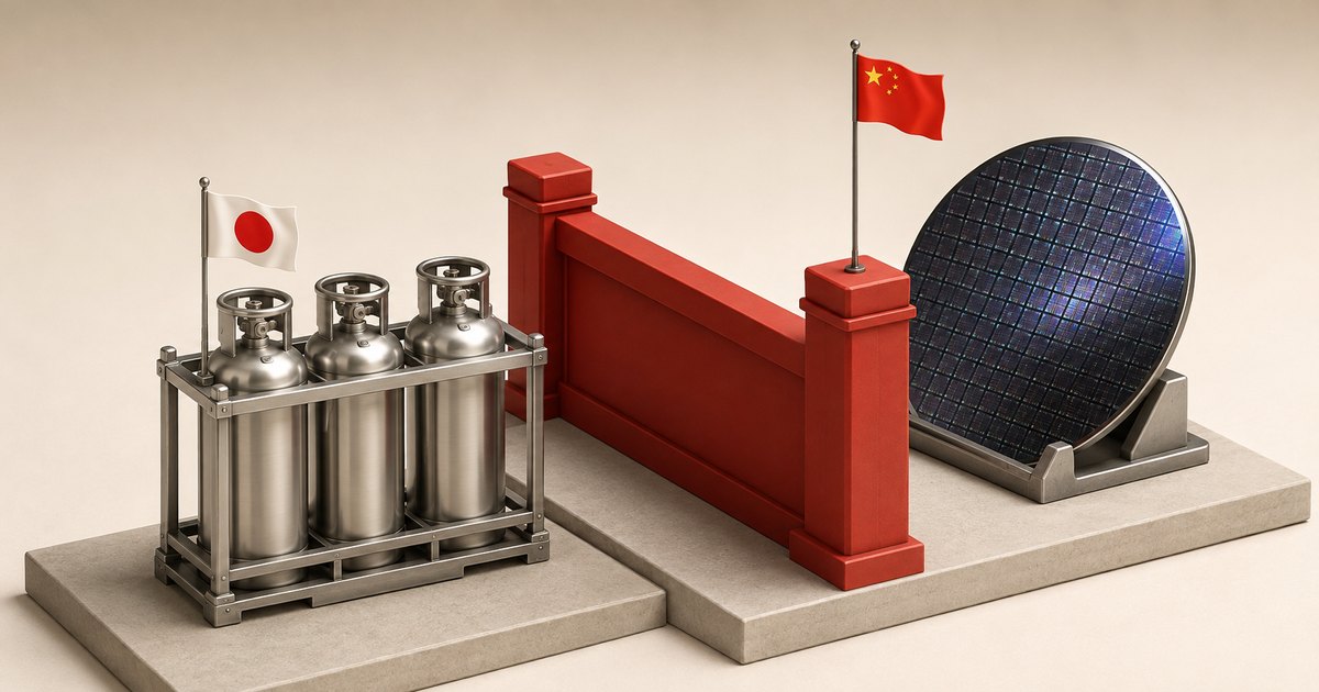 Editorial illustration: Three metal gas cylinders beside a Japanese flag face a red barrier, with a silicon wafer and Chinese flag on the opposite side.