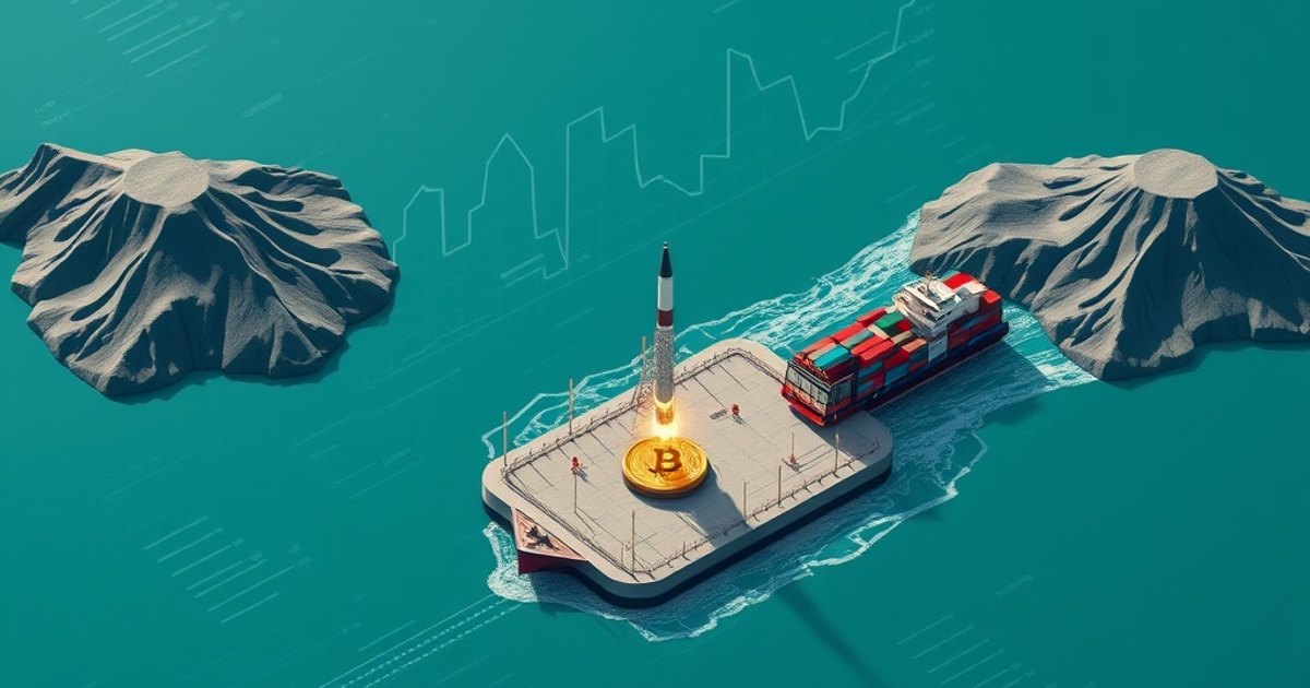 Editorial illustration for: Iran's Strait of Hormuz closure and Bitcoin toll scheme reshape geopolitical risk calculus
