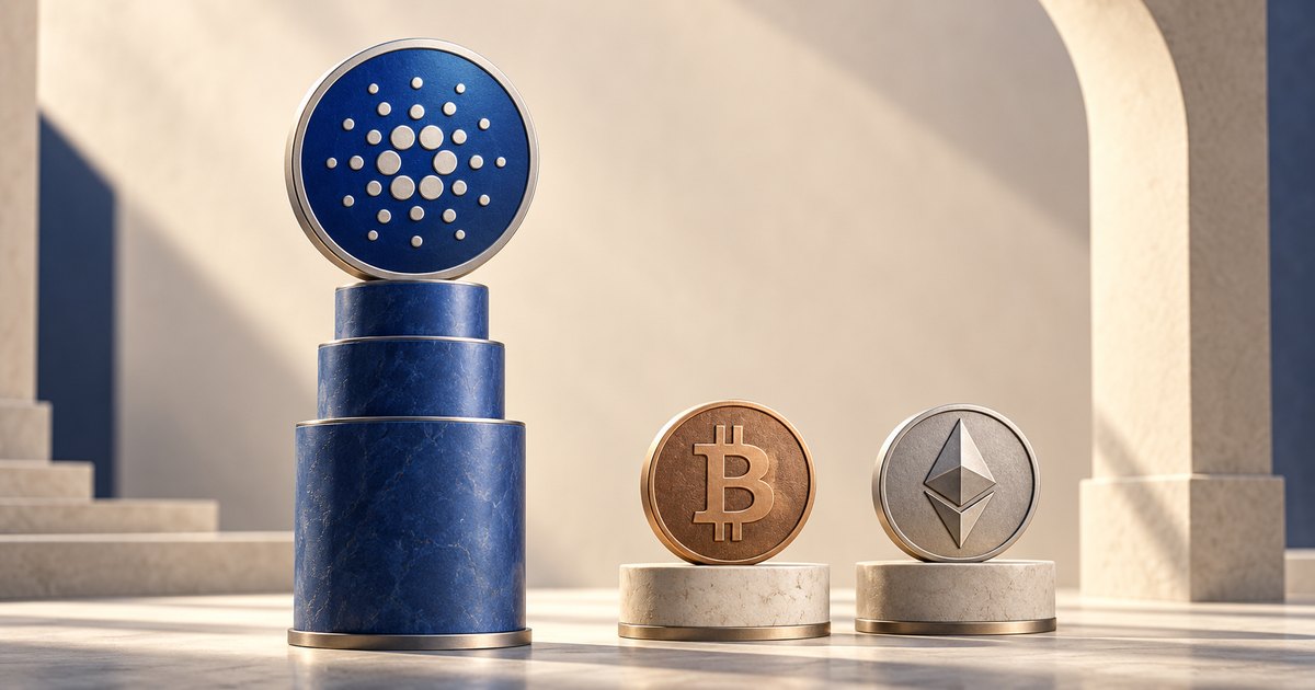 Editorial illustration: A blue Cardano emblem rests atop a tall tiered pedestal, beside Bitcoin and Ethereum coins on shorter cream plinths in a sunlit architectural setting.