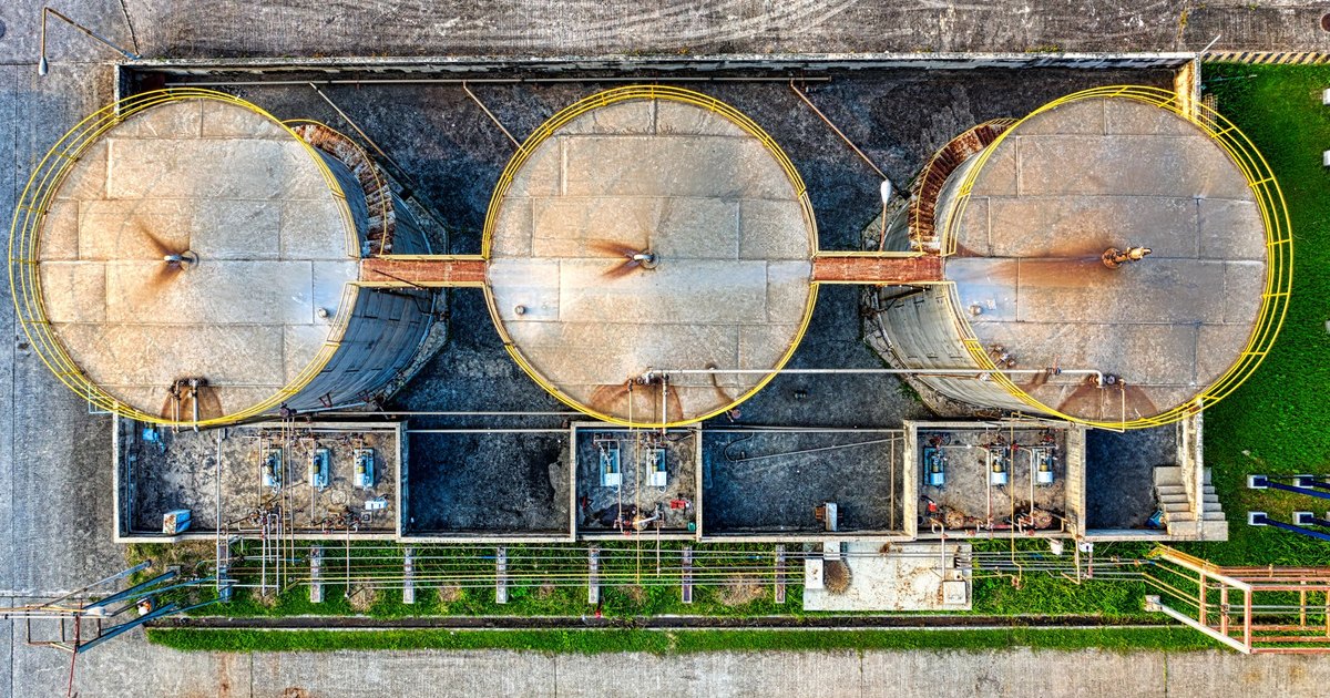 Drone view of storage tanks for oil products located in industrial refinery factory