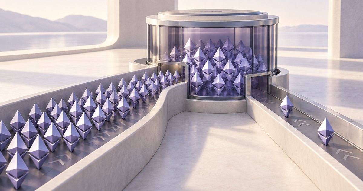 Editorial illustration: Purple Ethereum symbols crowd a conveyor leading into a transparent cylindrical chamber, while only two symbols occupy the outgoing conveyor.