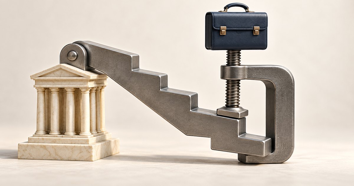 Editorial illustration: A descending metal staircase extends from a miniature classical bank into a large steel clamp, with a dark briefcase atop its screw.
