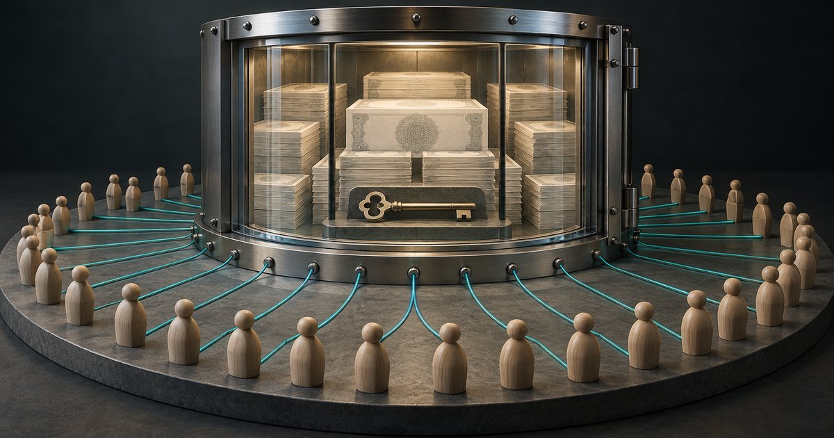 Editorial illustration: Wooden figures surround a glass and steel vault filled with stacks of banknotes. Teal cords connect the figures to the vault, where a gold key rests inside.