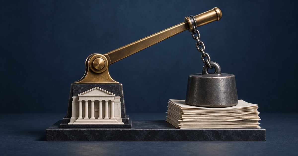 Editorial illustration: A brass lever pivots above a small classical banking facade, with a chain connecting its raised end to an iron weight resting on a stack of papers against a dark blue background.