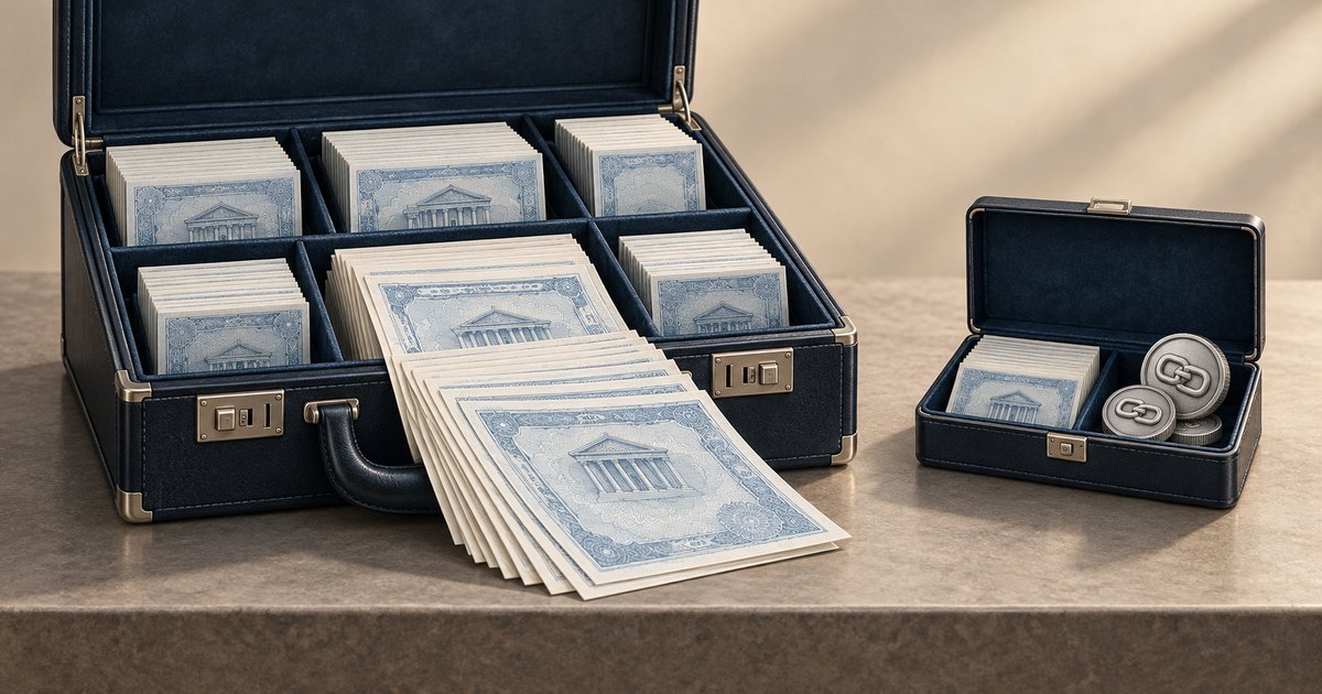 Editorial illustration: A large open dark briefcase holds stacks of pale blue securities illustrated with classical buildings, with sheets spilling forward. A smaller case beside it contains securities and silver coins bearing chain-link em