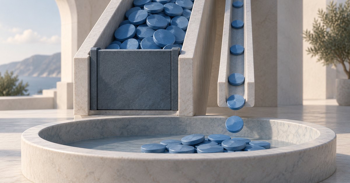 Editorial illustration: Blue coins collect behind a closed gate in a wide stone chute, while coins fall from an adjacent narrow chute into a circular basin.