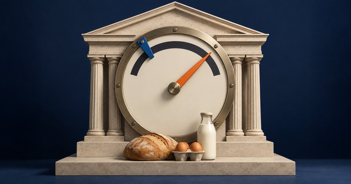 Editorial illustration: A large unnumbered gauge stands within a stone banking facade. Its orange needle points toward the upper right, beyond a blue marker at the upper left. Bread, eggs and a milk bottle sit on the steps against a darkp­-