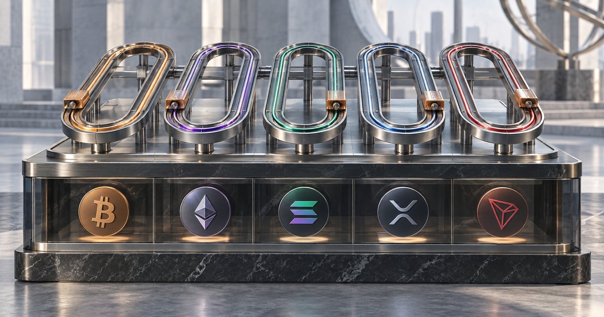 Editorial illustration: Five upright metallic loops with colored tracks stand above Bitcoin, Ethereum, Solana, XRP and Tron symbols in a glass display on a dark marble base.