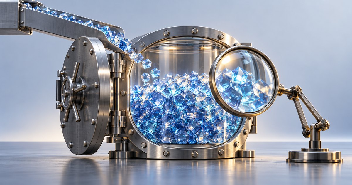 Editorial illustration: Blue gemstones cascade from a metal chute into an open steel vault, with a large magnifying glass enlarging the gems on the right.