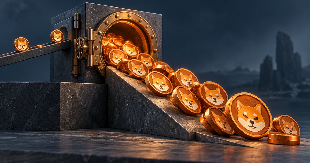 Editorial illustration: Orange coins bearing Shiba Inu dog faces spill from an open metal vault and tumble down a stone chute against a dark background.
