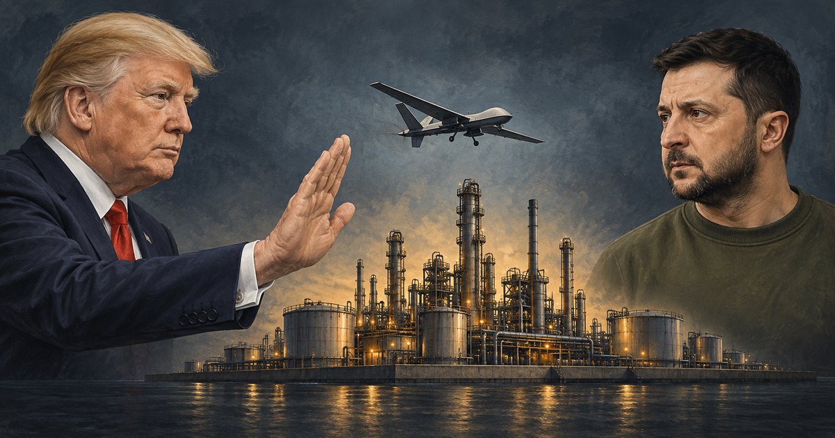 Editorial illustration: Donald Trump raises an open palm toward Volodymyr Zelenskyy across an illuminated oil refinery, with a drone overhead against a dark sky.