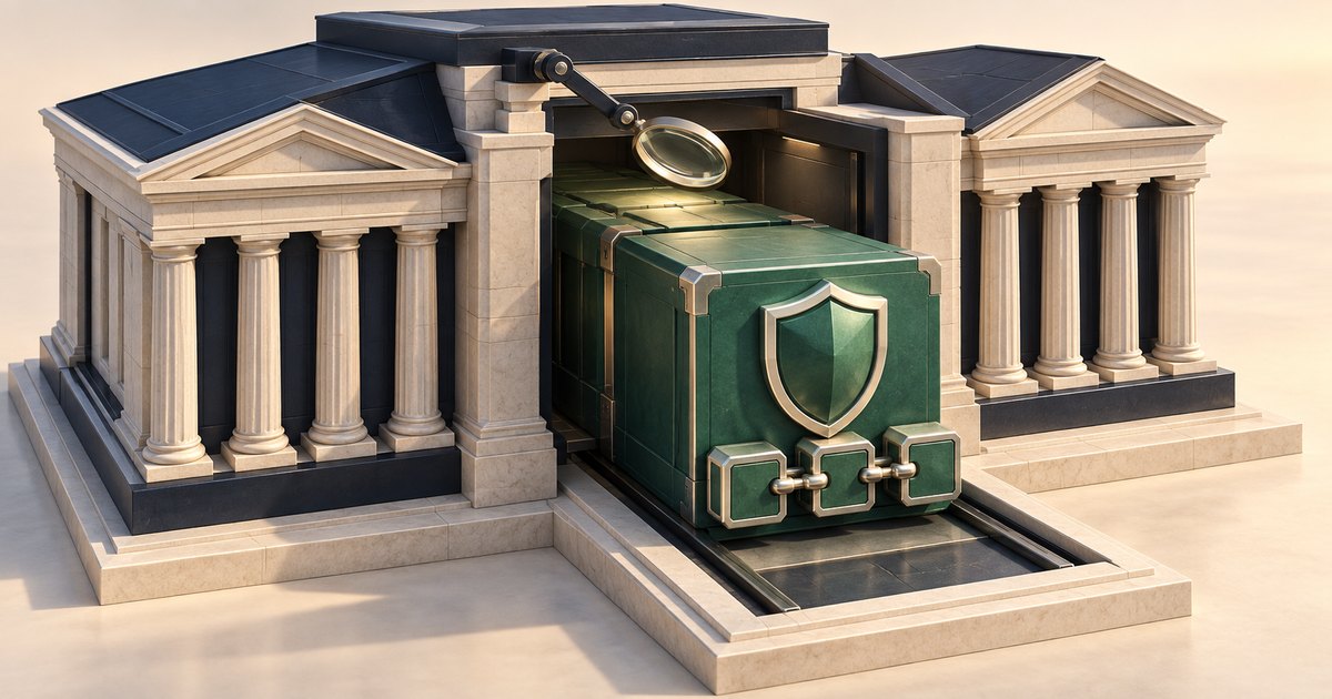 Editorial illustration: A green armored block bearing a shield and three linked squares sits on rails in the central opening of a columned stone building, beneath a magnifying glass.