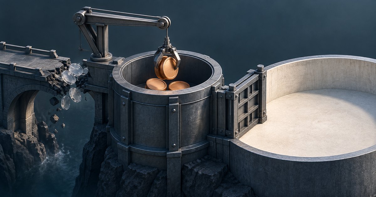 Editorial illustration: A crane holds copper-colored coins above a reinforced cylindrical chamber beside a broken stone bridge. Translucent coins fall through the breach, and a closed gate separates the chamber from a large empty basin.
