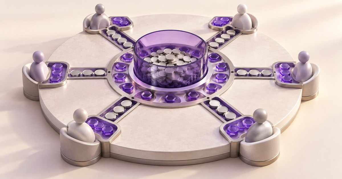 Editorial illustration: Six stylized figures sit around a cream circular platform. Channels lined with silver coins connect them to a transparent purple container filled with coins, while purple tokens rest beside each figure and around the