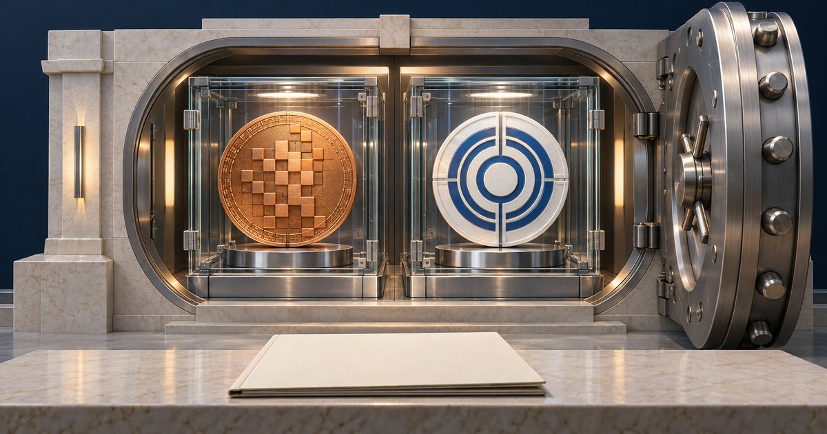 Editorial illustration: An open steel bank vault contains two illuminated glass cases, one holding a copper-colored coin with a square pattern and the other a silver coin with blue concentric rings.
