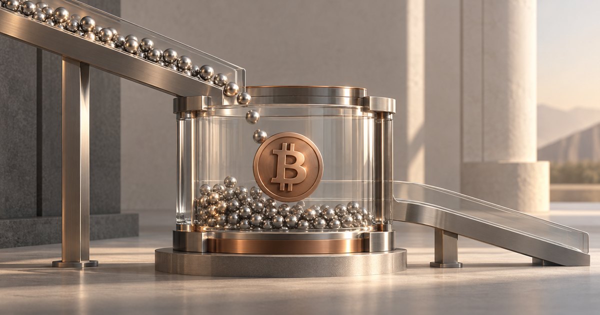 Editorial illustration: Silver spheres roll down an elevated chute into a glass cylinder bearing a bronze Bitcoin symbol. More spheres collect inside, while an empty chute slopes away to the right.