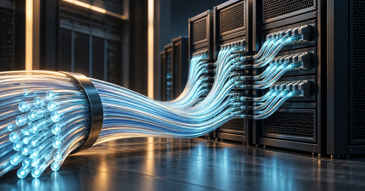 Editorial illustration: Glowing blue optical fibers sweep from a thick foreground bundle into rows of dark server racks, reflecting across the floor.