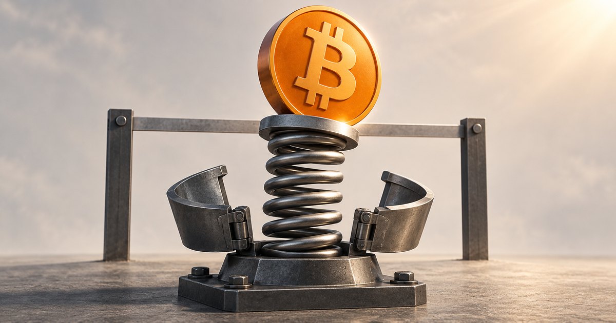 Editorial illustration: A gold Bitcoin coin sits atop a large steel spring between two open curved metal restraints on a bolted base.