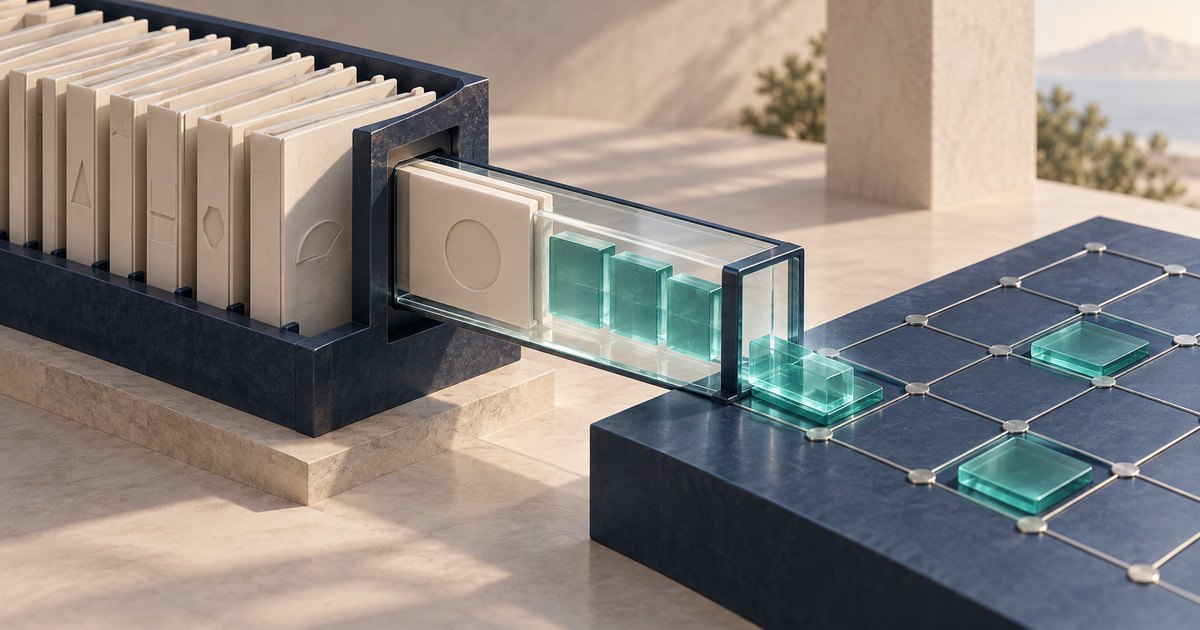 Editorial illustration: Cream slabs in a dark rack pass through a glass channel containing turquoise blocks toward a dark platform with connected nodes and translucent square tiles.