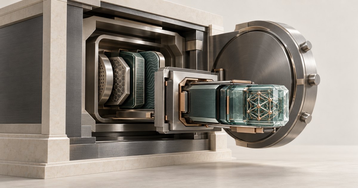 Editorial illustration: An open metal vault contains layered dark green modules, with a transparent glass component enclosing a gold geometric lattice extending toward the viewer.