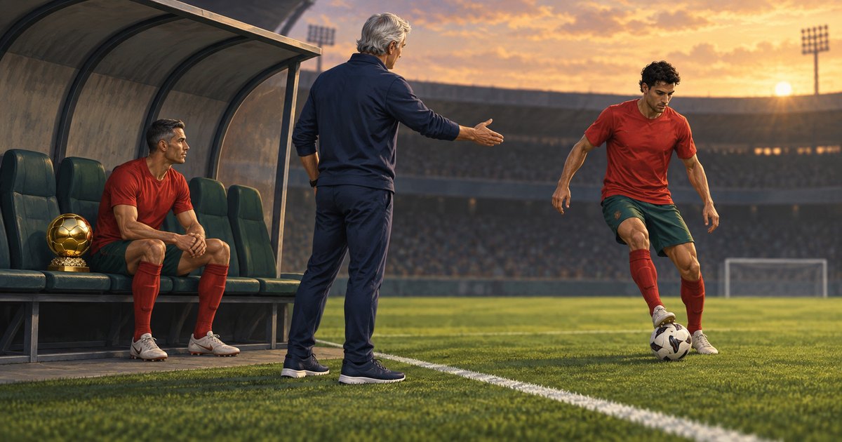 Editorial illustration: A silver-haired coach gestures toward a footballer controlling a ball while another player sits on the substitutes’ bench beside a golden football trophy. Both players wear red shirts and green shorts in a stadium at
