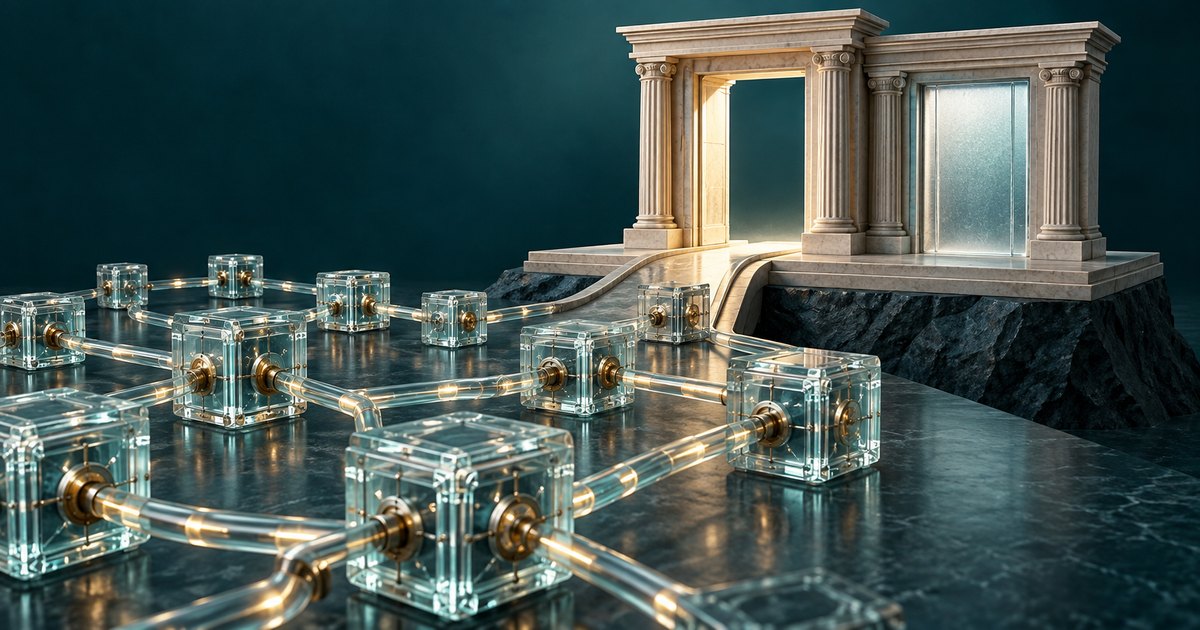 Editorial illustration: Glass cubes connected by glowing transparent conduits lead toward two columned doorways on a rocky platform, one open and warmly lit, the other closed with frosted glass.