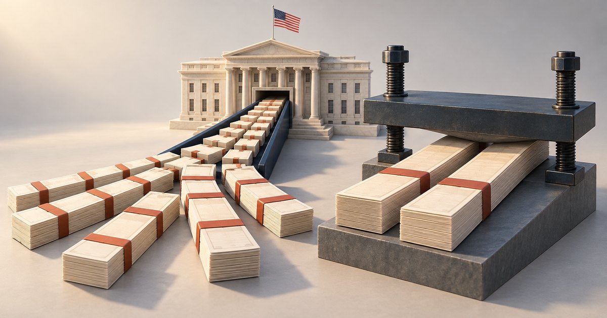 Editorial illustration: Bundles of pale paper travel down a conveyor from a columned government building flying a US flag. Beside them, two elongated bundles sit beneath a large metal screw press.