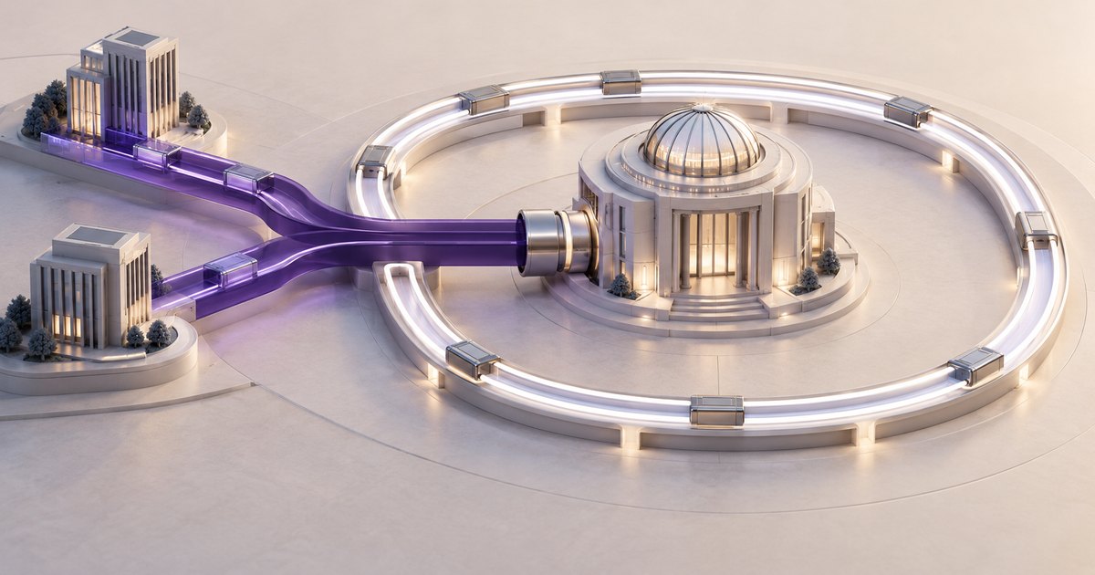 Editorial illustration: Purple channels from two rectangular buildings connect through a metallic plug to a domed bank building encircled by a glowing ring with evenly spaced metallic blocks.