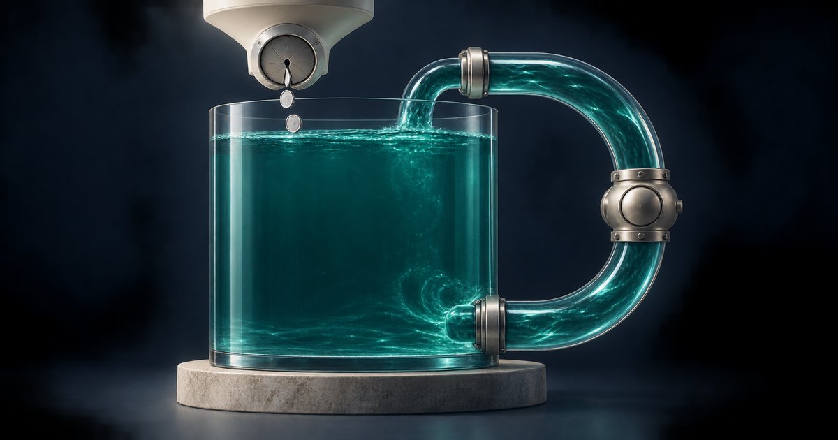 Editorial illustration: A dispenser drops a few silver coins toward a glass tank filled with teal liquid. A curved transparent pipe circulates liquid between the tank’s bottom and top against a dark background.